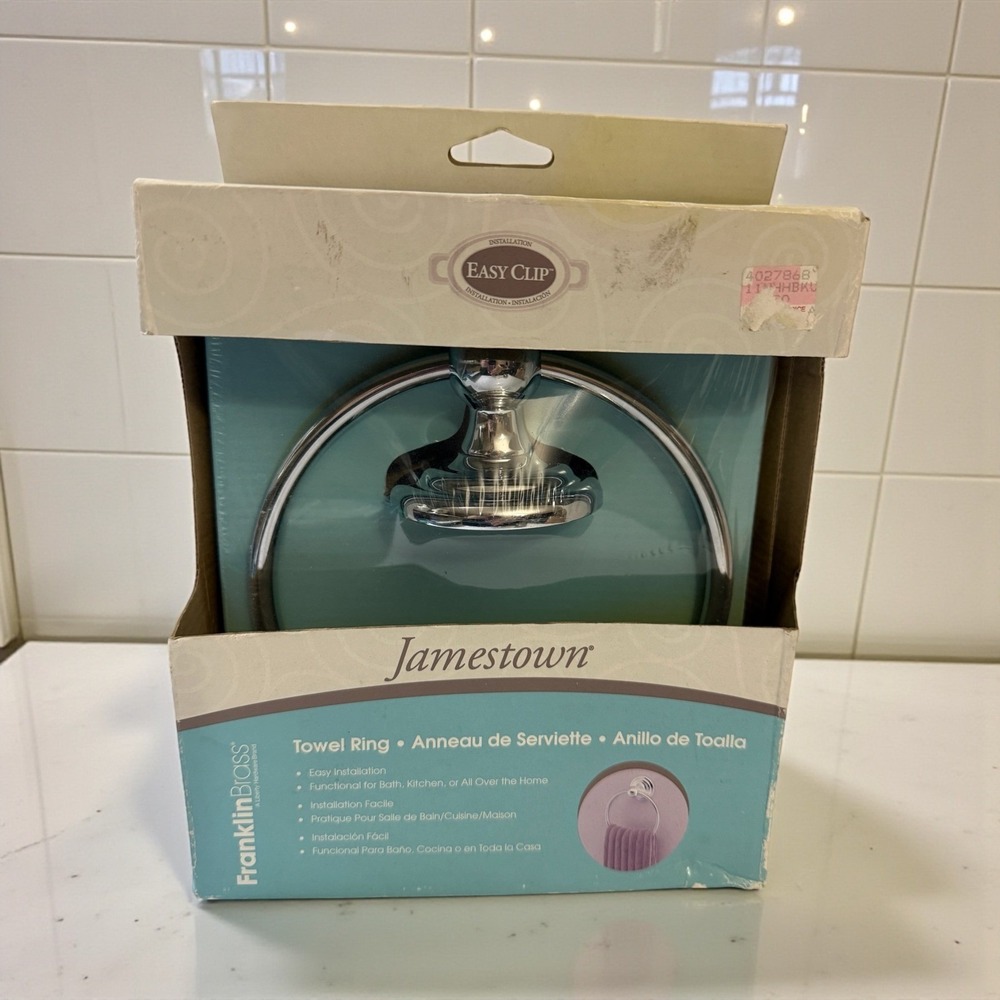 NWT Franklin Brass Jamestown Polished Chrome Silver Towel Ring 127731 Easy Clip